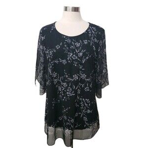 Sese Code Blouse Women 2XL Black Floral Chiffon Lined Sheer Tulip Sleeve Dressy
